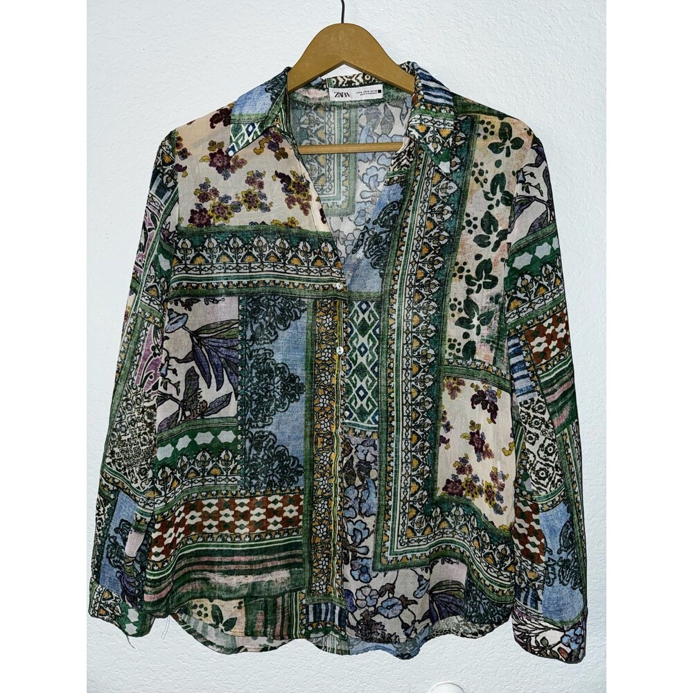 Zara Patchwork Floral Paisley Blouse Womens M Green Blue Boho Button Up Shirt